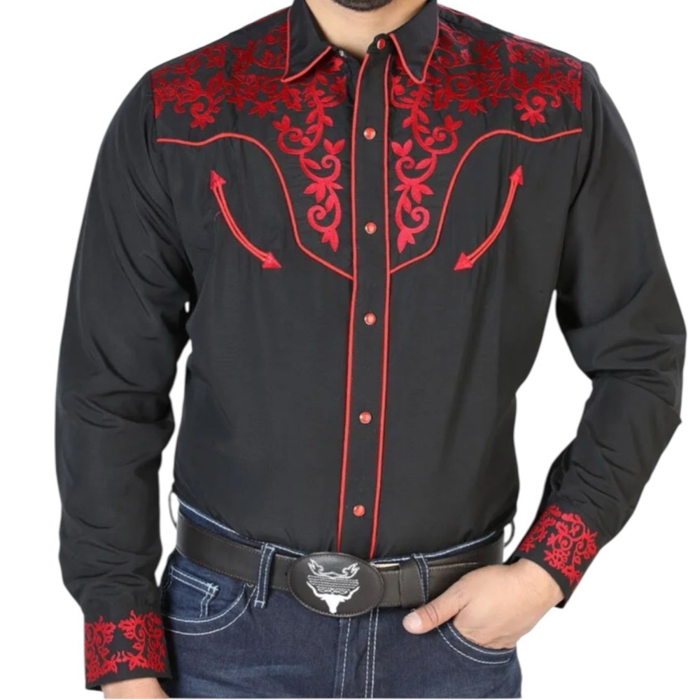 AMERICAN WEST RED & BLACK EMBROIDERED SHIRT SZ LG EUC